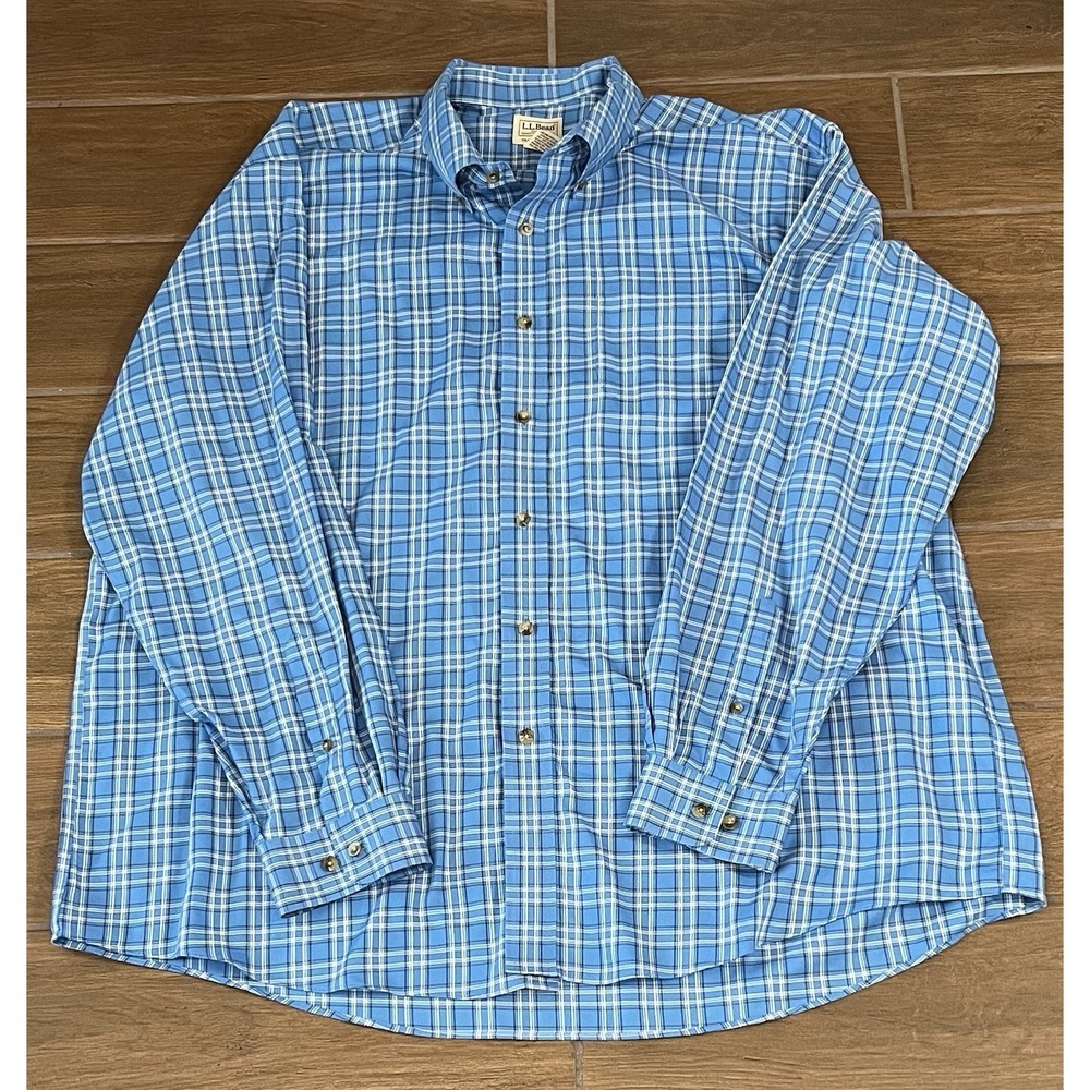 L.L. Bean Men Shirt XXL Blue Plaid Traditional Fit Button Up Cotton Long Sleeve
